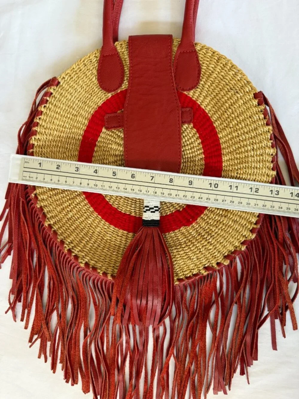 WOVEN SISAL LEATHER FRINGE BAG RED BEADED TASSEL DOUBLE HANDLES ROUND 14